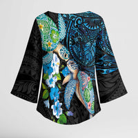 Hawaiian Couple Turtles Honi Kimono Sleeve Blouse Polynesian Art Motifs and Hibiscus Black Blue Color LT03 - Polynesian Pride