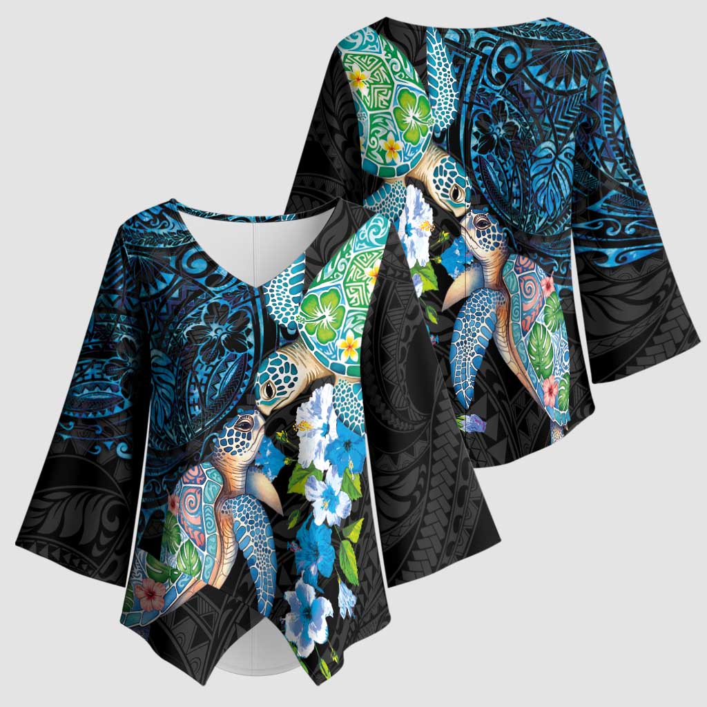 Hawaiian Couple Turtles Honi Kimono Sleeve Blouse Polynesian Art Motifs and Hibiscus Black Blue Color LT03 - Polynesian Pride