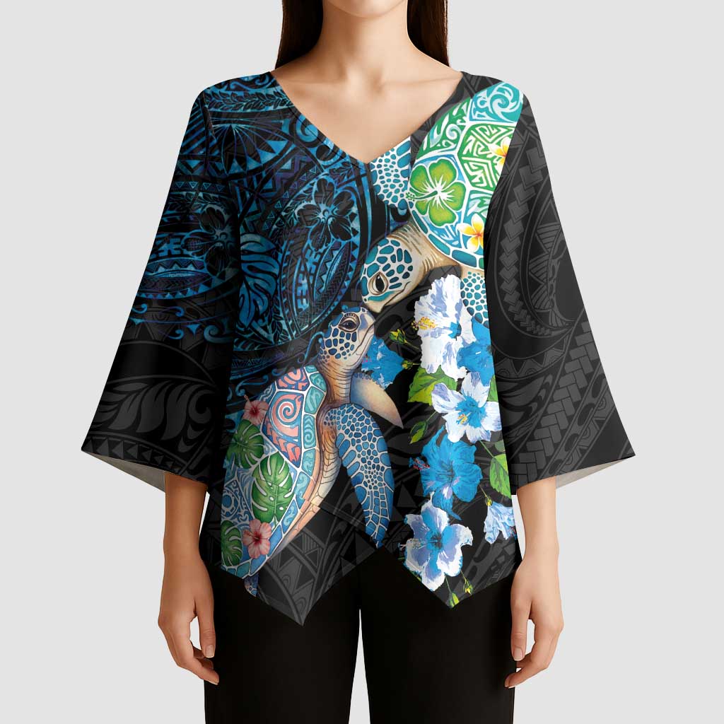 Hawaiian Couple Turtles Honi Kimono Sleeve Blouse Polynesian Art Motifs and Hibiscus Black Blue Color LT03 - Polynesian Pride
