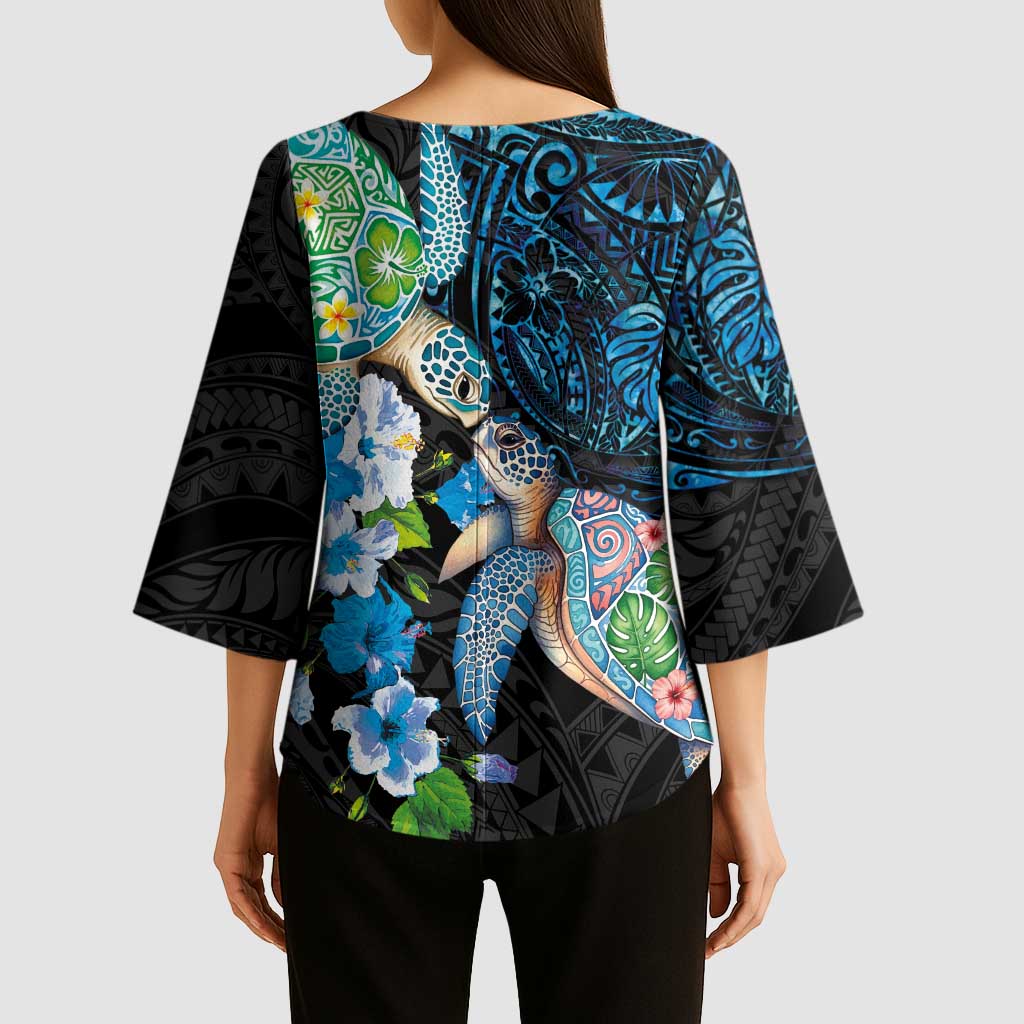 Hawaiian Couple Turtles Honi Kimono Sleeve Blouse Polynesian Art Motifs and Hibiscus Black Blue Color LT03 - Polynesian Pride