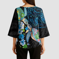 Hawaiian Couple Turtles Honi Kimono Sleeve Blouse Polynesian Art Motifs and Hibiscus Black Blue Color LT03 - Polynesian Pride