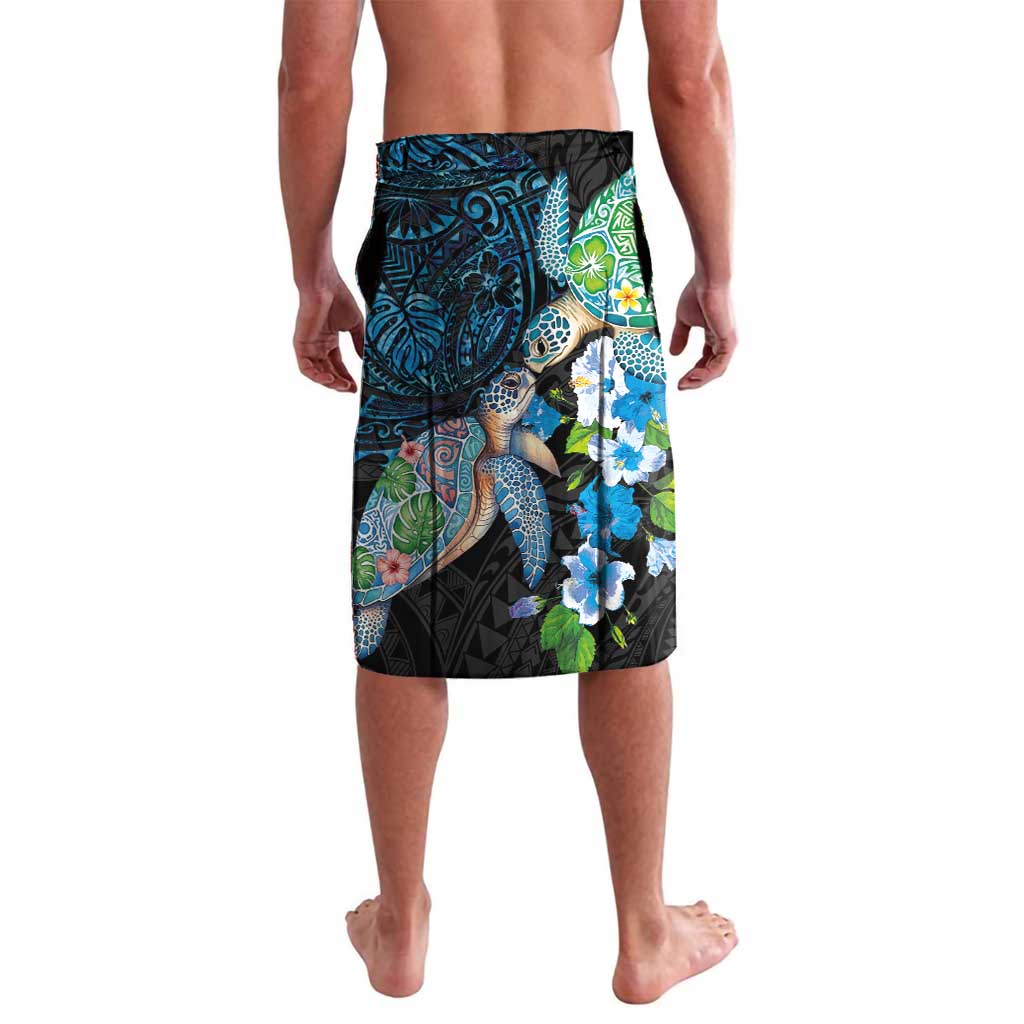 Hawaiian Couple Turtles Honi Lavalava Polynesian Art Motifs and Hibiscus Black Blue Color LT03 - Polynesian Pride