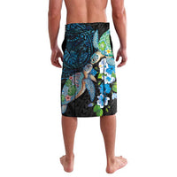 Hawaiian Couple Turtles Honi Lavalava Polynesian Art Motifs and Hibiscus Black Blue Color LT03 - Polynesian Pride