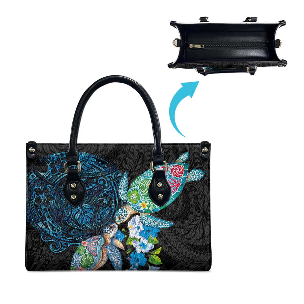 Hawaiian Couple Turtles Honi Leather Bag Polynesian Art Motifs and Hibiscus Black Blue Color LT03 - Polynesian Pride