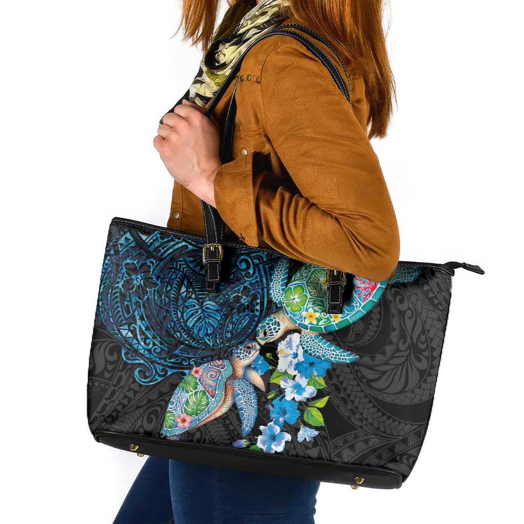 Hawaiian Couple Turtles Honi Leather Tote Bag Polynesian Art Motifs and Hibiscus Black Blue Color LT03 Black - Polynesian Pride