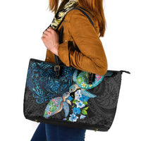 Hawaiian Couple Turtles Honi Leather Tote Bag Polynesian Art Motifs and Hibiscus Black Blue Color LT03 Black - Polynesian Pride
