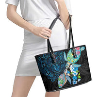 Hawaiian Couple Turtles Honi Leather Tote Bag Polynesian Art Motifs and Hibiscus Black Blue Color LT03 - Polynesian Pride