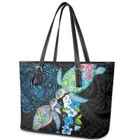 Hawaiian Couple Turtles Honi Leather Tote Bag Polynesian Art Motifs and Hibiscus Black Blue Color LT03 - Polynesian Pride