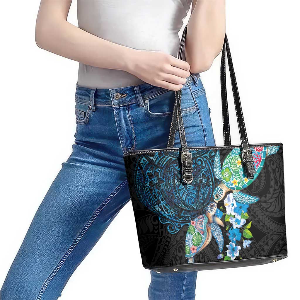 Hawaiian Couple Turtles Honi Leather Tote Bag Polynesian Art Motifs and Hibiscus Black Blue Color LT03 - Polynesian Pride