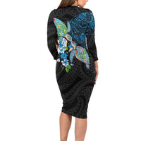 Hawaiian Couple Turtles Honi Long Sleeve Bodycon Dress Polynesian Art Motifs and Hibiscus Black Blue Color LT03 - Polynesian Pride