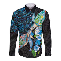 Hawaiian Couple Turtles Honi Long Sleeve Button Shirt Polynesian Art Motifs and Hibiscus Black Blue Color LT03 Unisex Black - Polynesian Pride