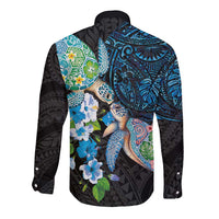 Hawaiian Couple Turtles Honi Long Sleeve Button Shirt Polynesian Art Motifs and Hibiscus Black Blue Color LT03 - Polynesian Pride