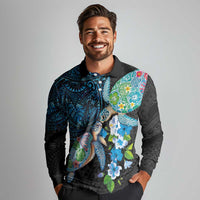 Hawaiian Couple Turtles Honi Long Sleeve Polo Shirt Polynesian Art Motifs and Hibiscus Black Blue Color LT03 - Polynesian Pride