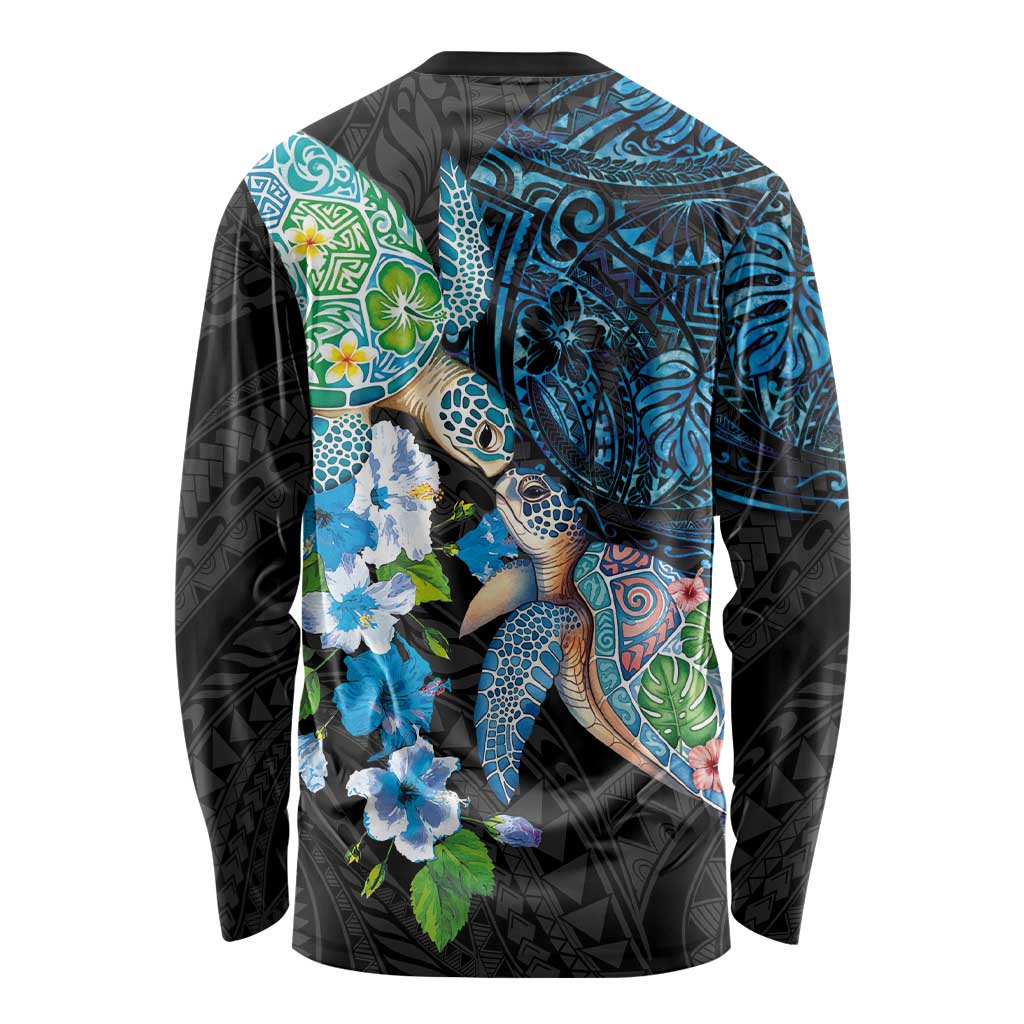 Hawaiian Couple Turtles Honi Long Sleeve Shirt Polynesian Art Motifs and Hibiscus Black Blue Color LT03 - Polynesian Pride