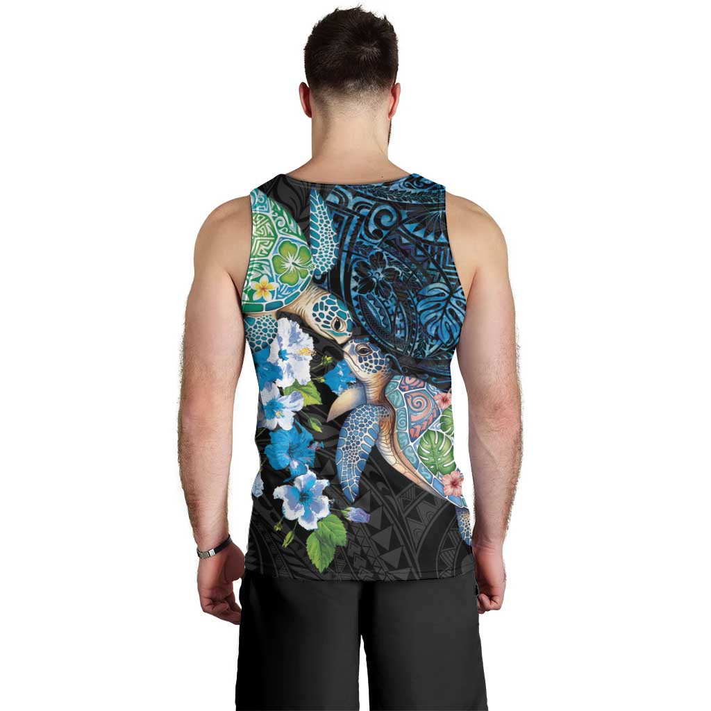 Hawaiian Couple Turtles Honi Men Tank Top Polynesian Art Motifs and Hibiscus Black Blue Color LT03 - Polynesian Pride