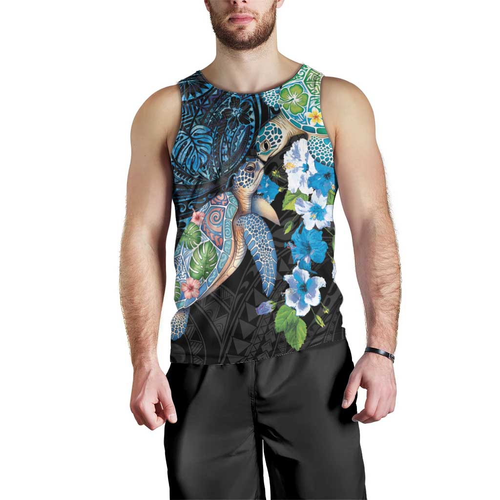 Hawaiian Couple Turtles Honi Men Tank Top Polynesian Art Motifs and Hibiscus Black Blue Color LT03 - Polynesian Pride