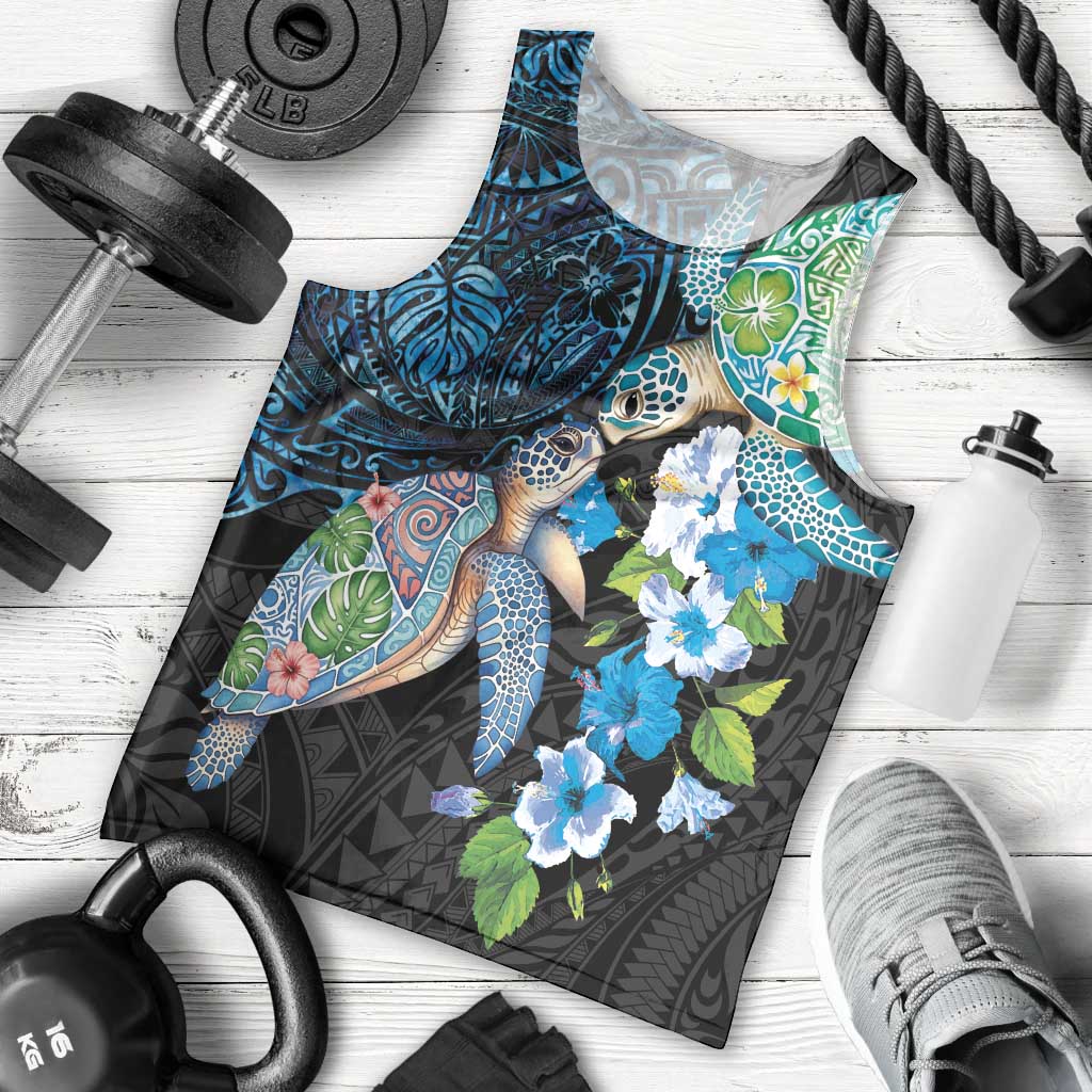 Hawaiian Couple Turtles Honi Men Tank Top Polynesian Art Motifs and Hibiscus Black Blue Color LT03 - Polynesian Pride