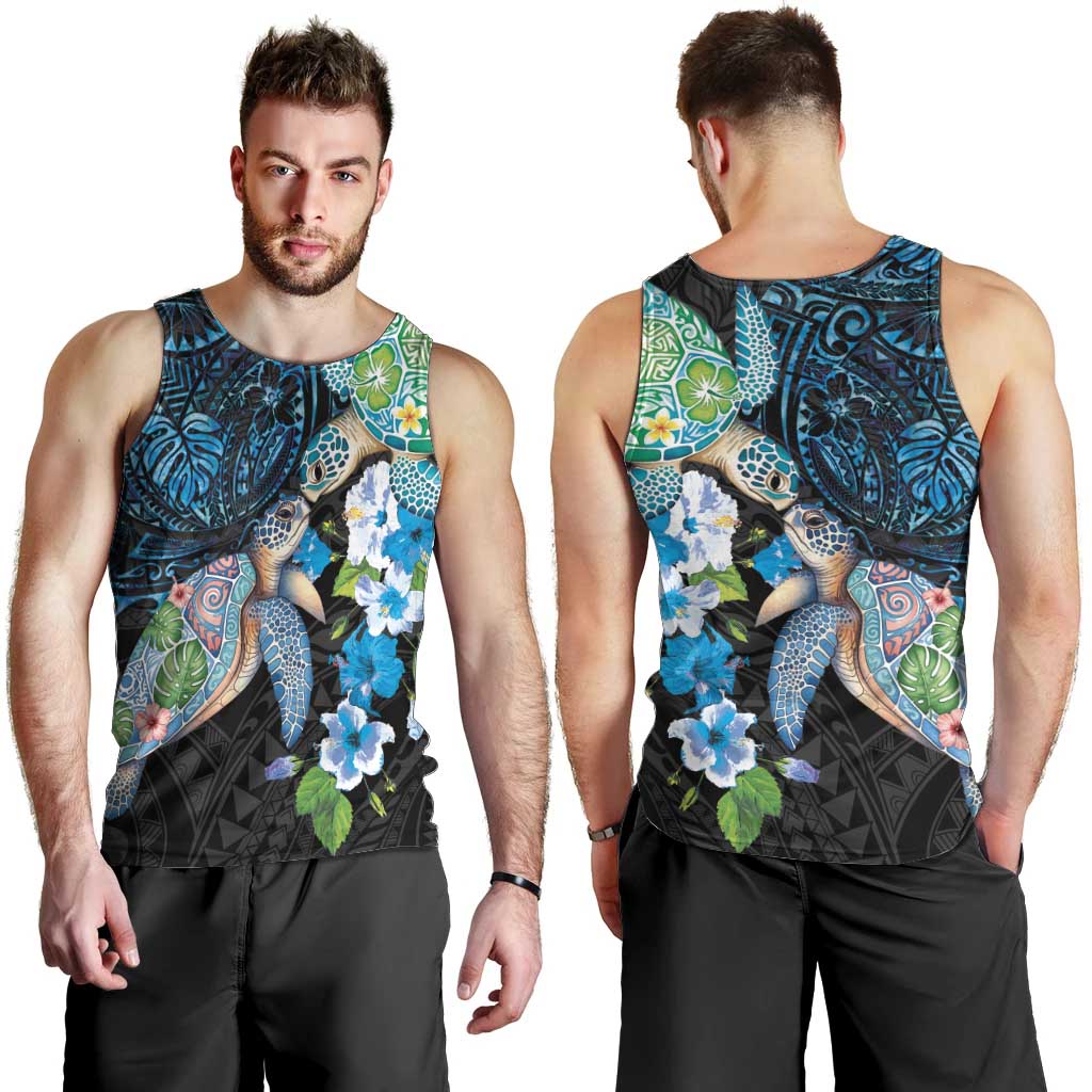 Hawaiian Couple Turtles Honi Men Tank Top Polynesian Art Motifs and Hibiscus Black Blue Color LT03 - Polynesian Pride