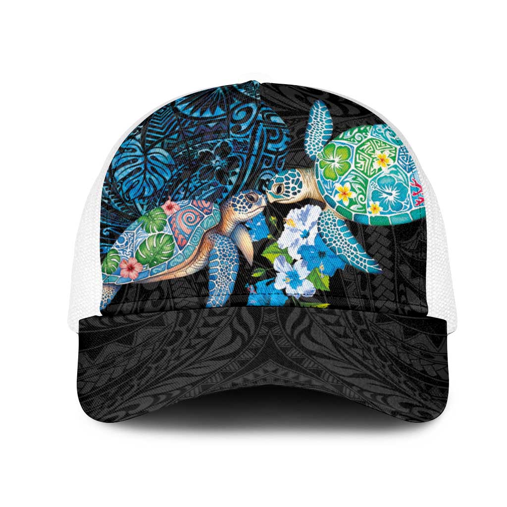 Hawaiian Couple Turtles Honi Mesh Trucker Cap Polynesian Art Motifs and Hibiscus Black Blue Color - Polynesian Pride
