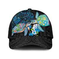 Hawaiian Couple Turtles Honi Mesh Trucker Cap Polynesian Art Motifs and Hibiscus Black Blue Color LT03 One Size Black Black - Polynesian Pride
