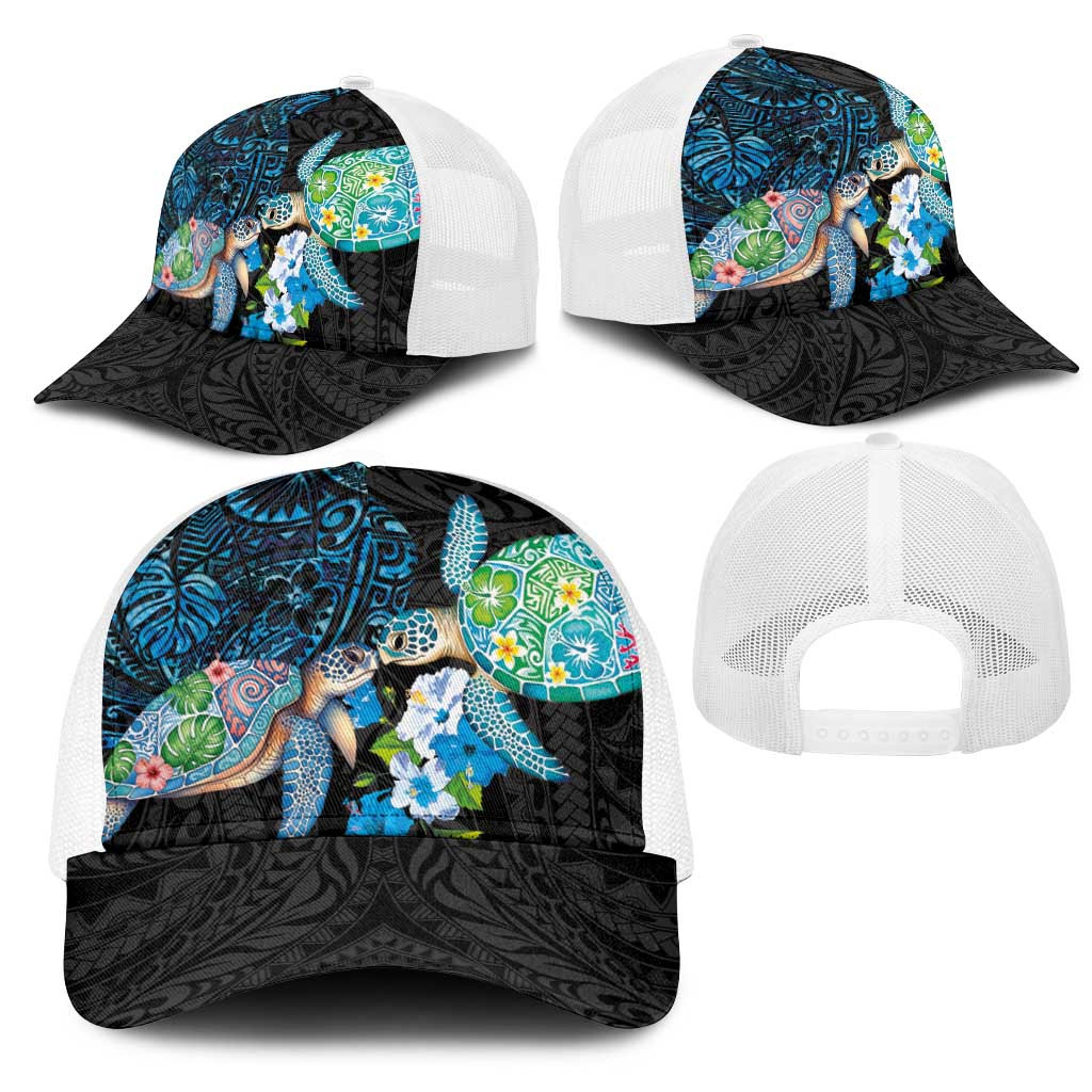 Hawaiian Couple Turtles Honi Mesh Trucker Cap Polynesian Art Motifs and Hibiscus Black Blue Color LT03 - Polynesian Pride