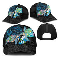 Hawaiian Couple Turtles Honi Mesh Trucker Cap Polynesian Art Motifs and Hibiscus Black Blue Color LT03 - Polynesian Pride
