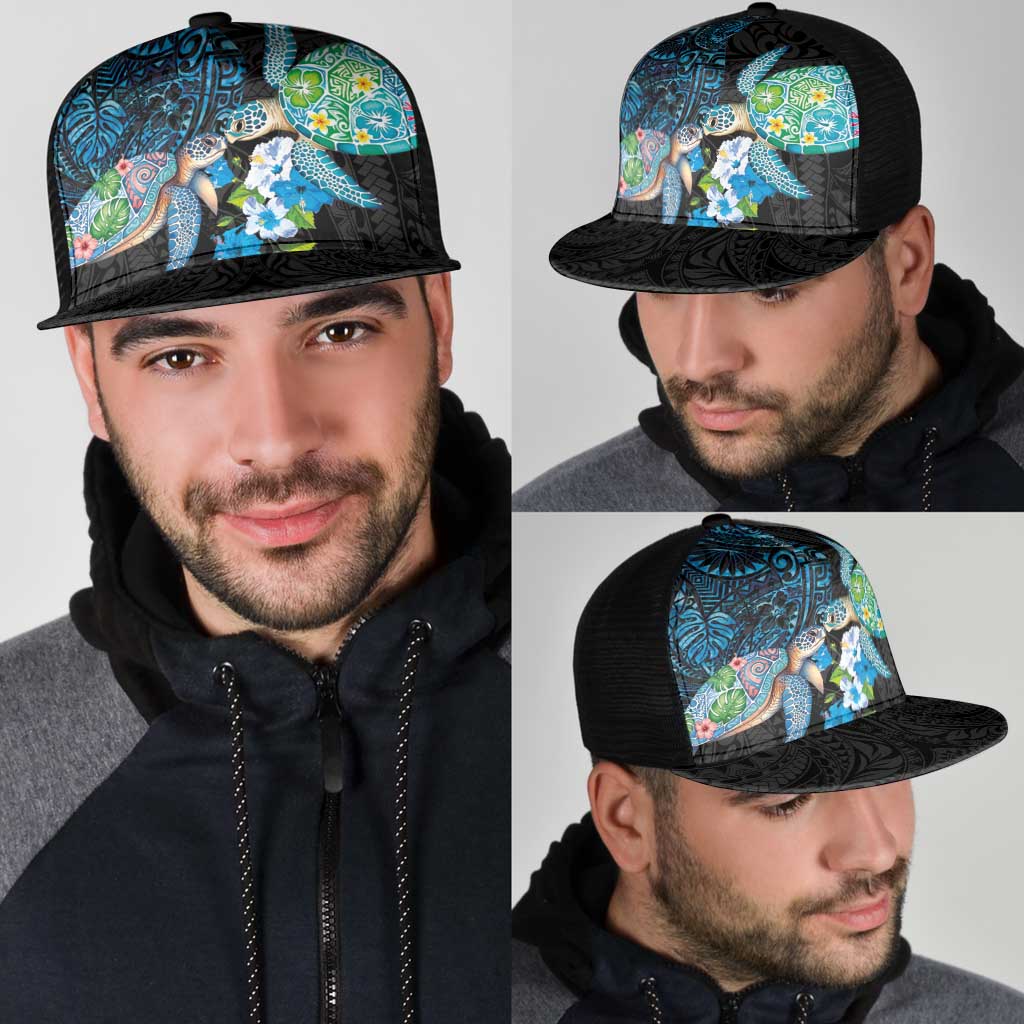 Hawaiian Couple Turtles Honi Mesh Trucker Cap Polynesian Art Motifs and Hibiscus Black Blue Color LT03 - Polynesian Pride