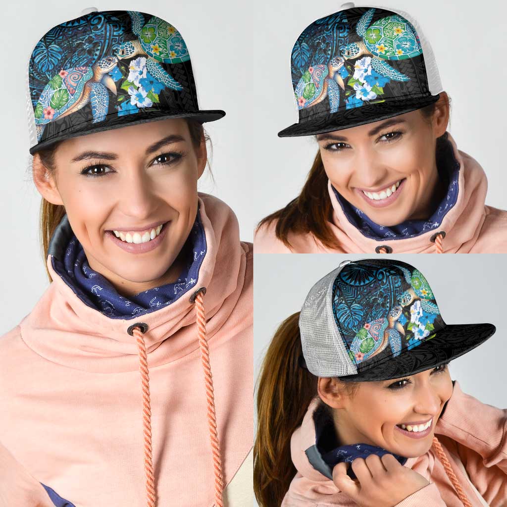 Hawaiian Couple Turtles Honi Mesh Trucker Cap Polynesian Art Motifs and Hibiscus Black Blue Color LT03 - Polynesian Pride