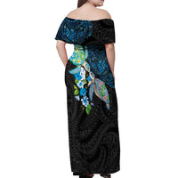Hawaiian Couple Turtles Honi Off Shoulder Maxi Dress Polynesian Art Motifs and Hibiscus Black Blue Color LT03 - Polynesian Pride