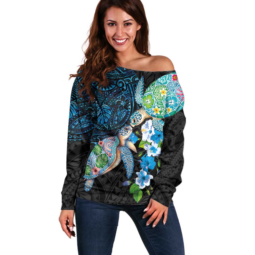 Hawaiian Couple Turtles Honi Off Shoulder Sweater Polynesian Art Motifs and Hibiscus Black Blue Color LT03 Women Black - Polynesian Pride