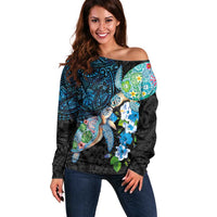 Hawaiian Couple Turtles Honi Off Shoulder Sweater Polynesian Art Motifs and Hibiscus Black Blue Color LT03 Women Black - Polynesian Pride