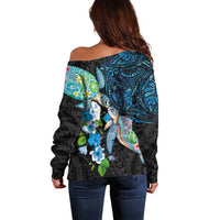 Hawaiian Couple Turtles Honi Off Shoulder Sweater Polynesian Art Motifs and Hibiscus Black Blue Color LT03 - Polynesian Pride