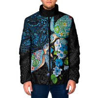 Hawaiian Couple Turtles Honi Padded Jacket Polynesian Art Motifs and Hibiscus Black Blue Color LT03 Men Black - Polynesian Pride
