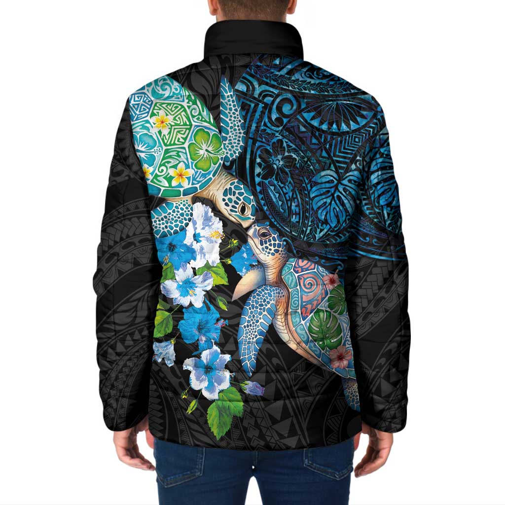 Hawaiian Couple Turtles Honi Padded Jacket Polynesian Art Motifs and Hibiscus Black Blue Color LT03 - Polynesian Pride