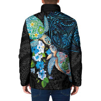 Hawaiian Couple Turtles Honi Padded Jacket Polynesian Art Motifs and Hibiscus Black Blue Color LT03 - Polynesian Pride