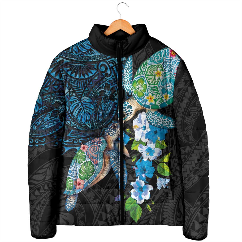 Hawaiian Couple Turtles Honi Padded Jacket Polynesian Art Motifs and Hibiscus Black Blue Color LT03 - Polynesian Pride