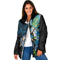 Hawaiian Couple Turtles Honi Padded Jacket Polynesian Art Motifs and Hibiscus Black Blue Color LT03 Women Black - Polynesian Pride