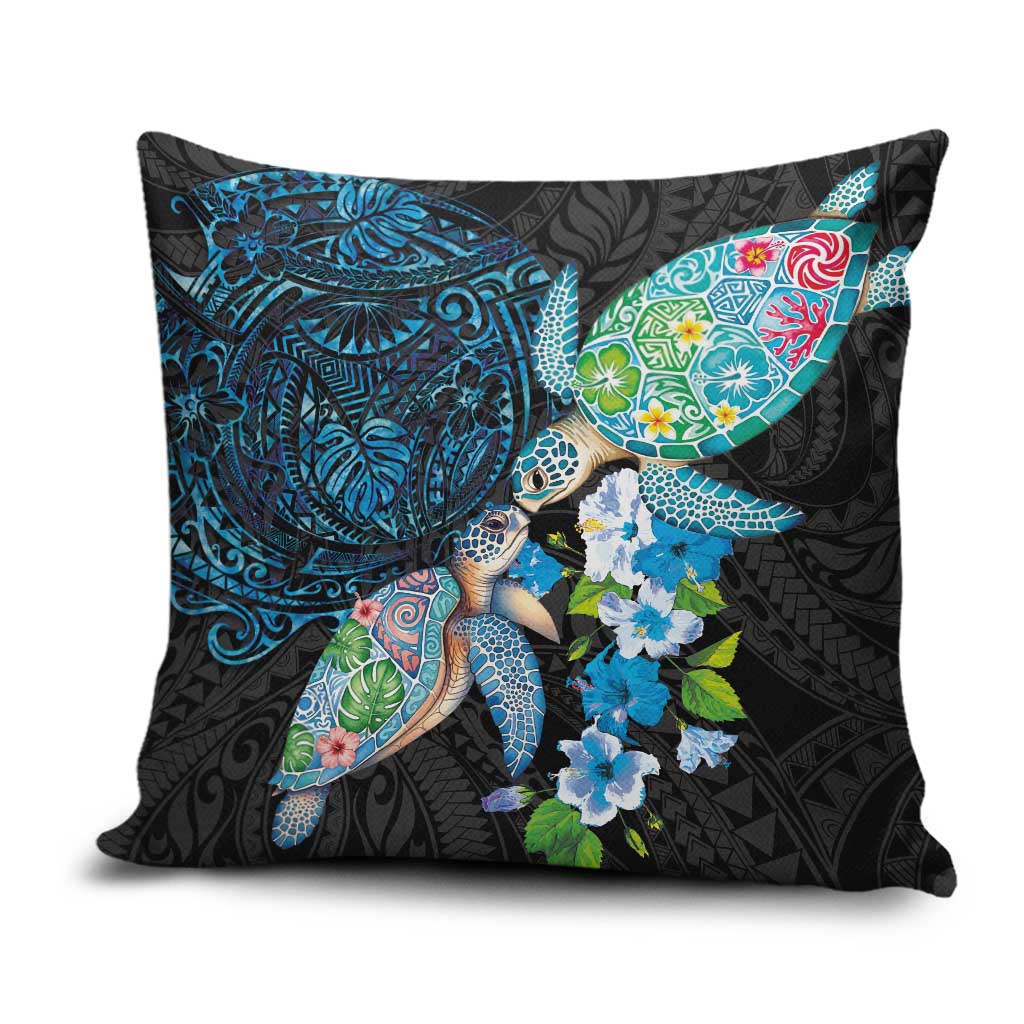 Hawaiian Couple Turtles Honi Pillow Cover Polynesian Art Motifs and Hibiscus Black Blue Color LT03 Black - Polynesian Pride