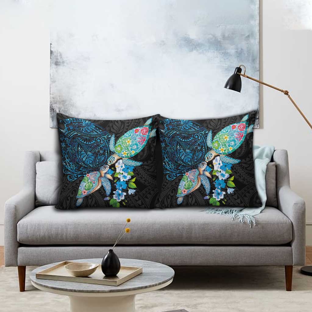 Hawaiian Couple Turtles Honi Pillow Cover Polynesian Art Motifs and Hibiscus Black Blue Color LT03 - Polynesian Pride
