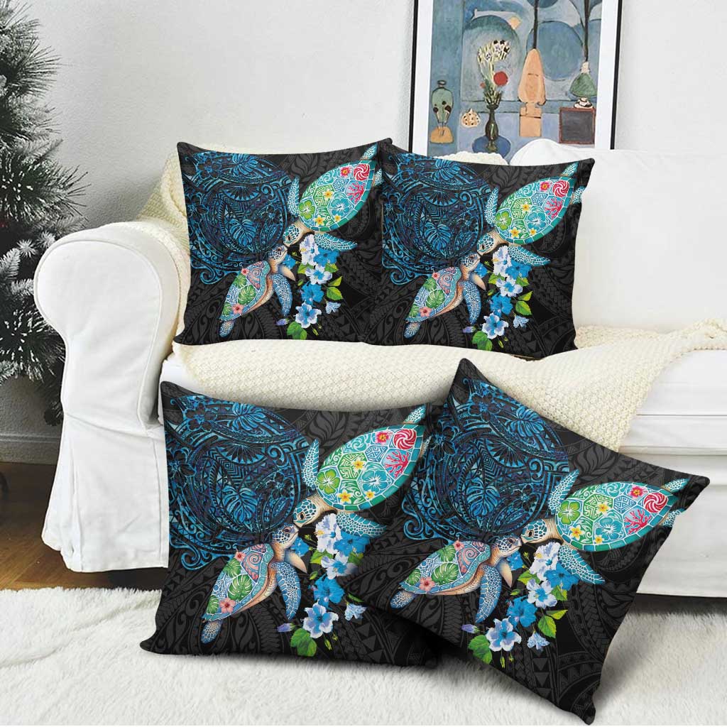 Hawaiian Couple Turtles Honi Pillow Cover Polynesian Art Motifs and Hibiscus Black Blue Color LT03 - Polynesian Pride