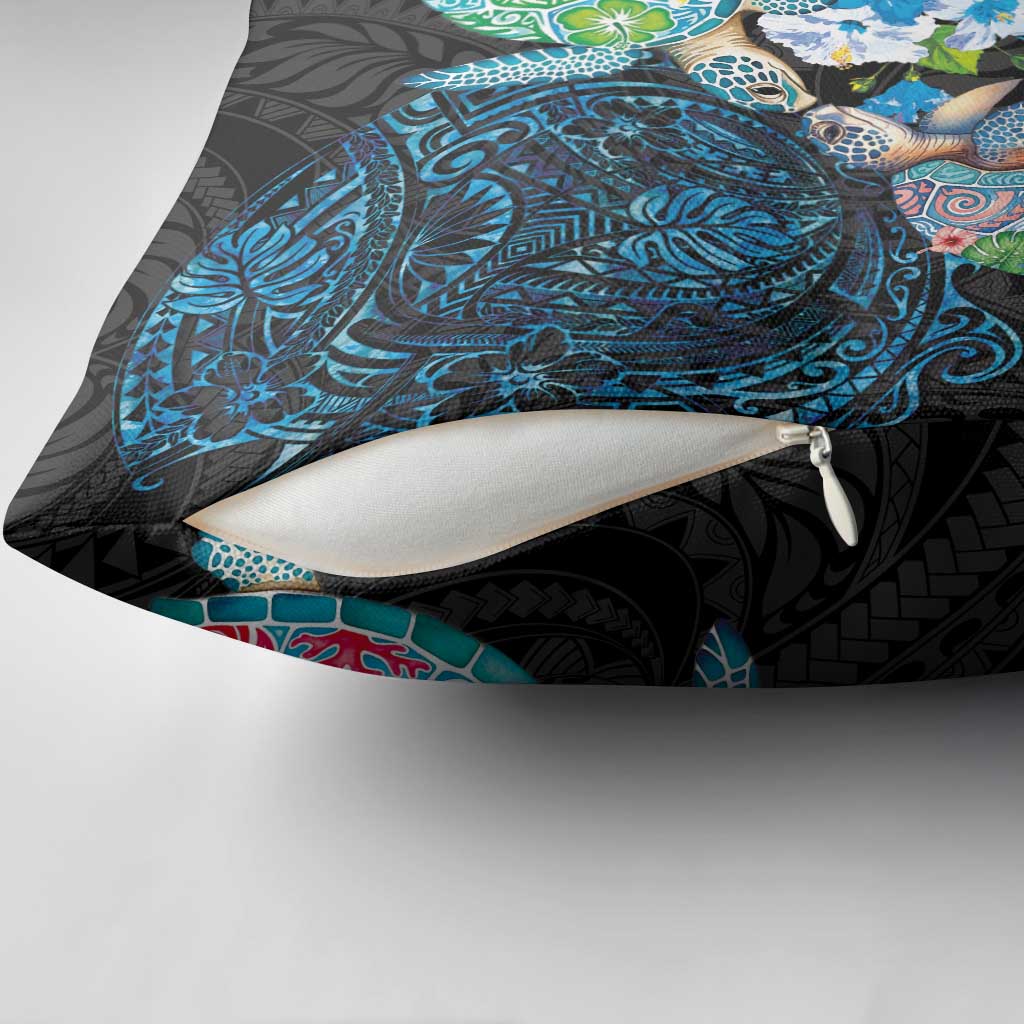 Hawaiian Couple Turtles Honi Pillow Cover Polynesian Art Motifs and Hibiscus Black Blue Color LT03 - Polynesian Pride