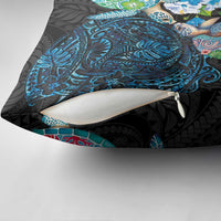 Hawaiian Couple Turtles Honi Pillow Cover Polynesian Art Motifs and Hibiscus Black Blue Color LT03 - Polynesian Pride