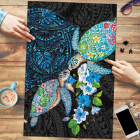 Hawaiian Couple Turtles Honi Puzzle Polynesian Art Motifs and Hibiscus Black Blue Color LT03 Black - Polynesian Pride