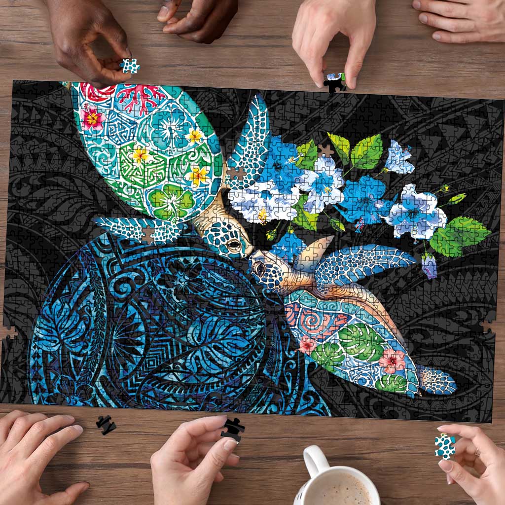 Hawaiian Couple Turtles Honi Puzzle Polynesian Art Motifs and Hibiscus Black Blue Color LT03 - Polynesian Pride