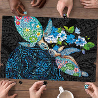Hawaiian Couple Turtles Honi Puzzle Polynesian Art Motifs and Hibiscus Black Blue Color LT03 - Polynesian Pride