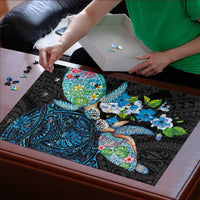 Hawaiian Couple Turtles Honi Puzzle Polynesian Art Motifs and Hibiscus Black Blue Color LT03 - Polynesian Pride