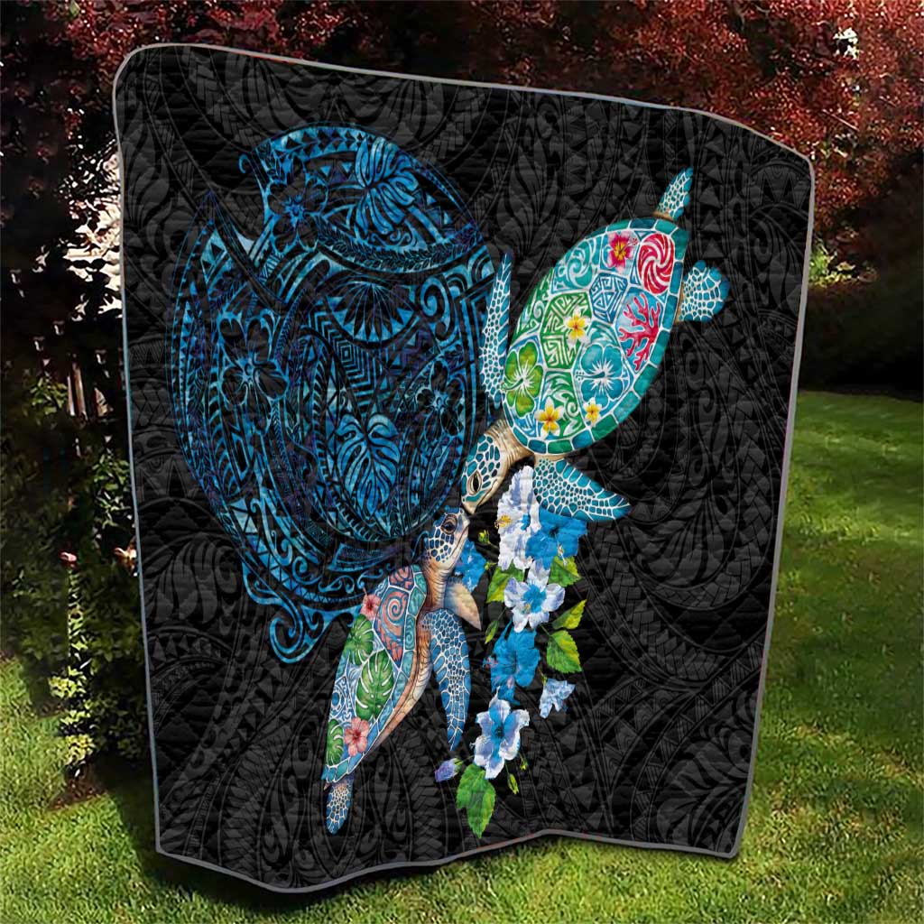 Hawaiian Couple Turtles Honi Quilt Polynesian Art Motifs and Hibiscus Black Blue Color LT03 - Polynesian Pride