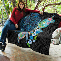 Hawaiian Couple Turtles Honi Quilt Polynesian Art Motifs and Hibiscus Black Blue Color LT03 - Polynesian Pride