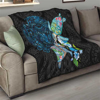 Hawaiian Couple Turtles Honi Quilt Polynesian Art Motifs and Hibiscus Black Blue Color LT03 - Polynesian Pride