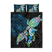 Hawaiian Couple Turtles Honi Quilt Bed Set Polynesian Art Motifs and Hibiscus Black Blue Color LT03 - Polynesian Pride